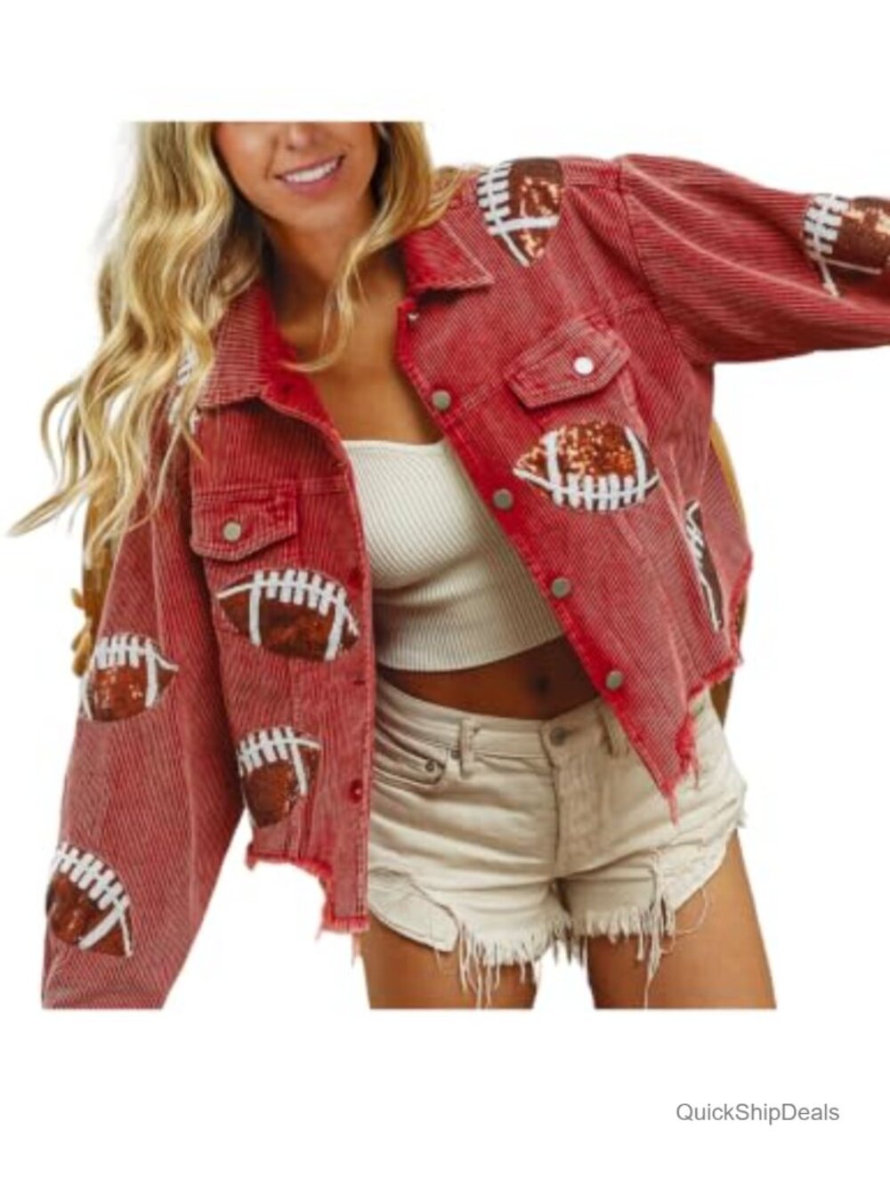 Corduroy Cropped Football Jacket Sequin Rugby Patched Shacket Frayed Hem